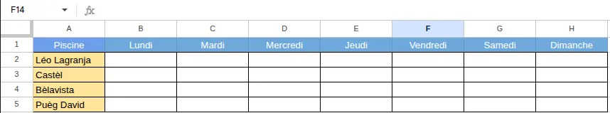 Tableau contenu la liste des piscines et les jours de la semaine
